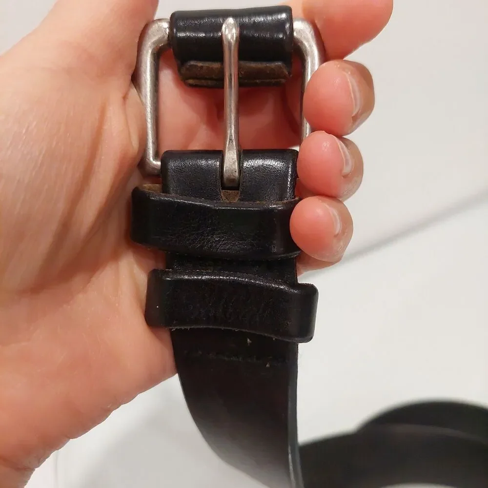 Vintage Structure Italian Leather Belt Black Solid Brass Buckle Made in USA 32